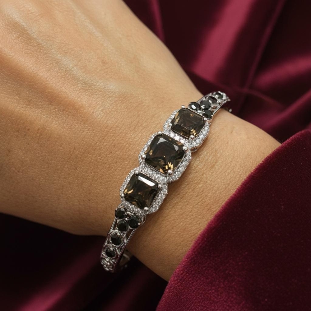🌟SOLD🌟Smokey Quartz & Zirchon Open Cuff Sterling Silver Bracelet 11.10 cts - Picture 11 of 16